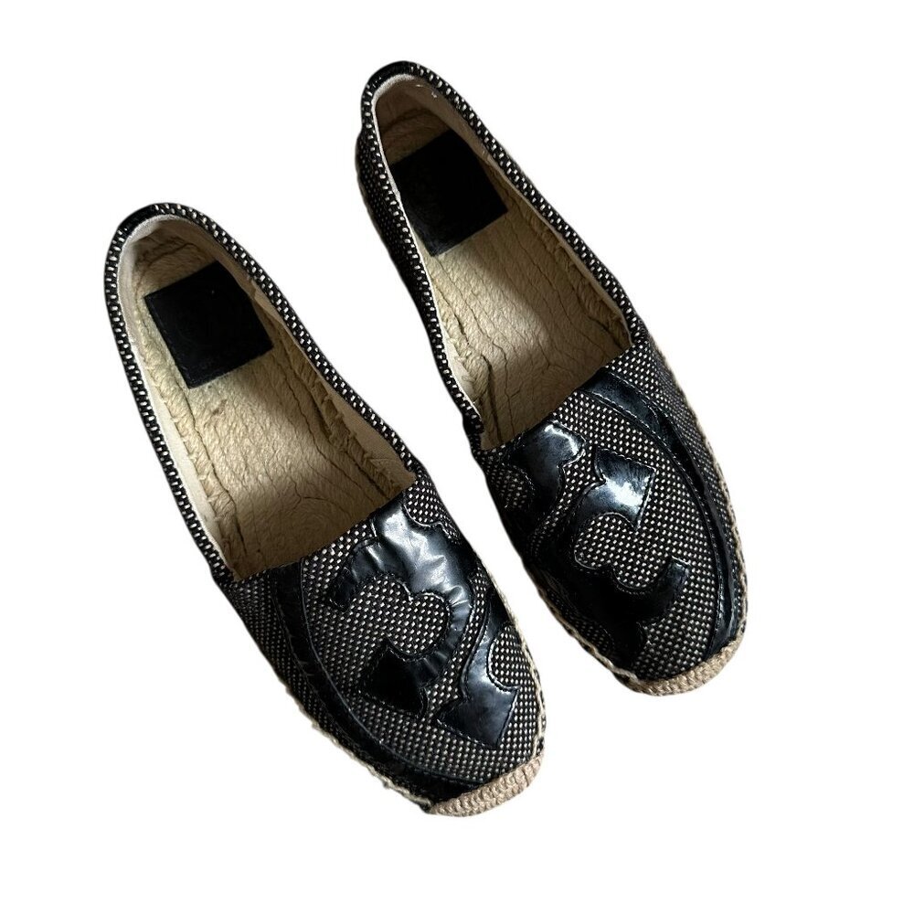 Tory Burch Lonnie Leather Logo Woven Espadrille Flats Size 6.5
